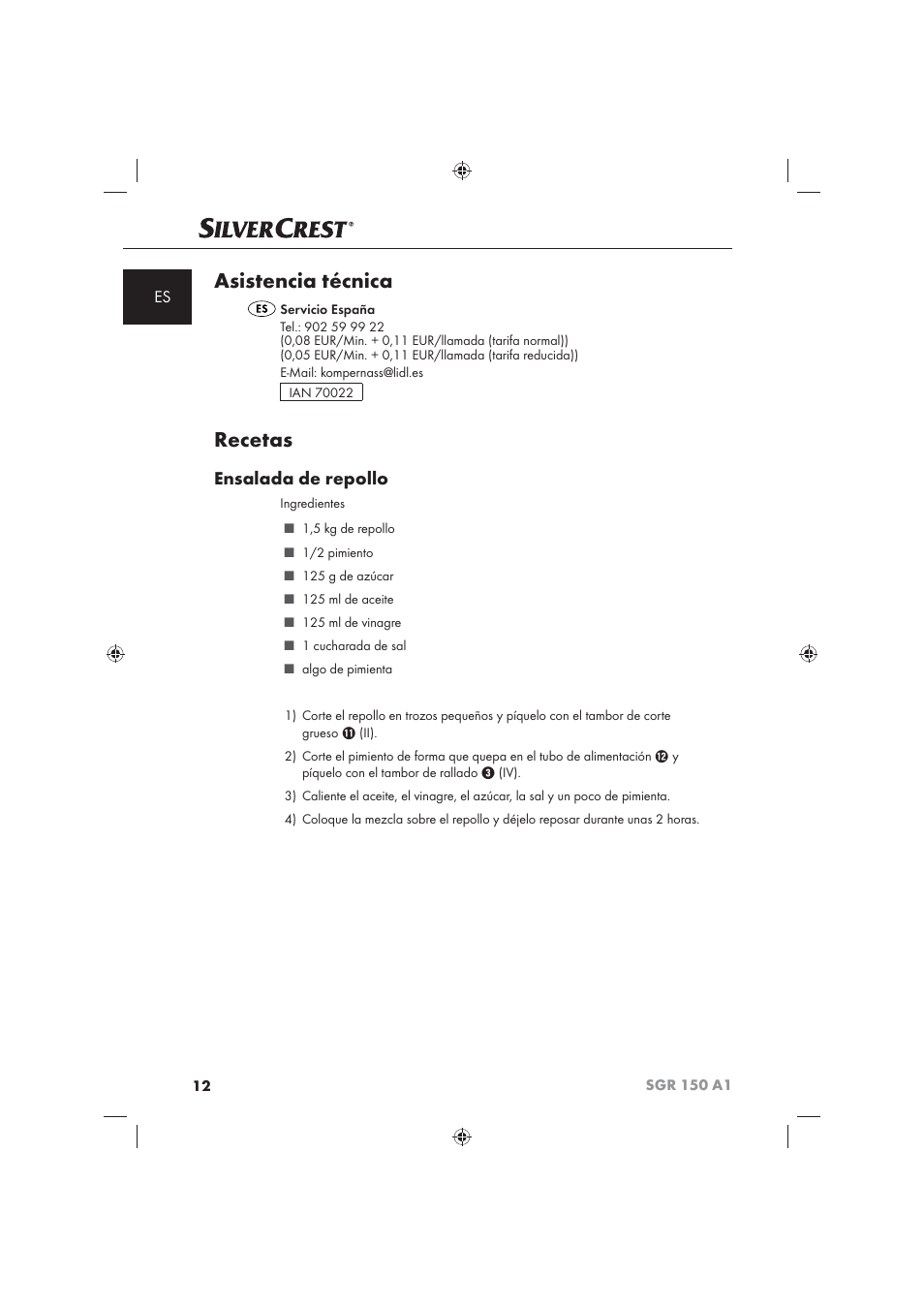 Asistencia técnica, Recetas, Ensalada de repollo | Silvercrest SGR 150 A1 User Manual | Page 14 / 73