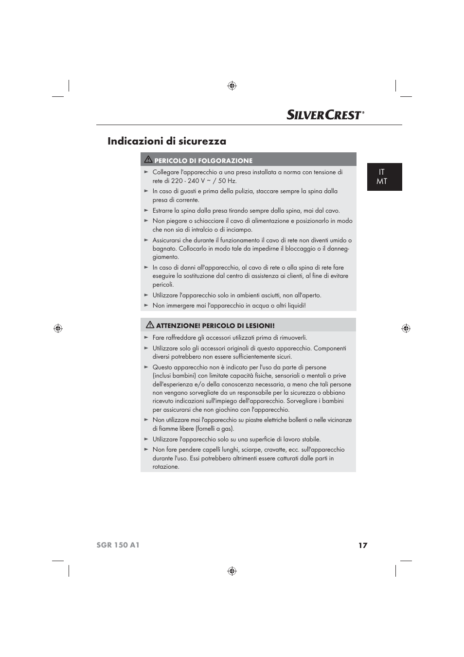 Indicazioni di sicurezza, It mt | Silvercrest SGR 150 A1 User Manual | Page 19 / 73