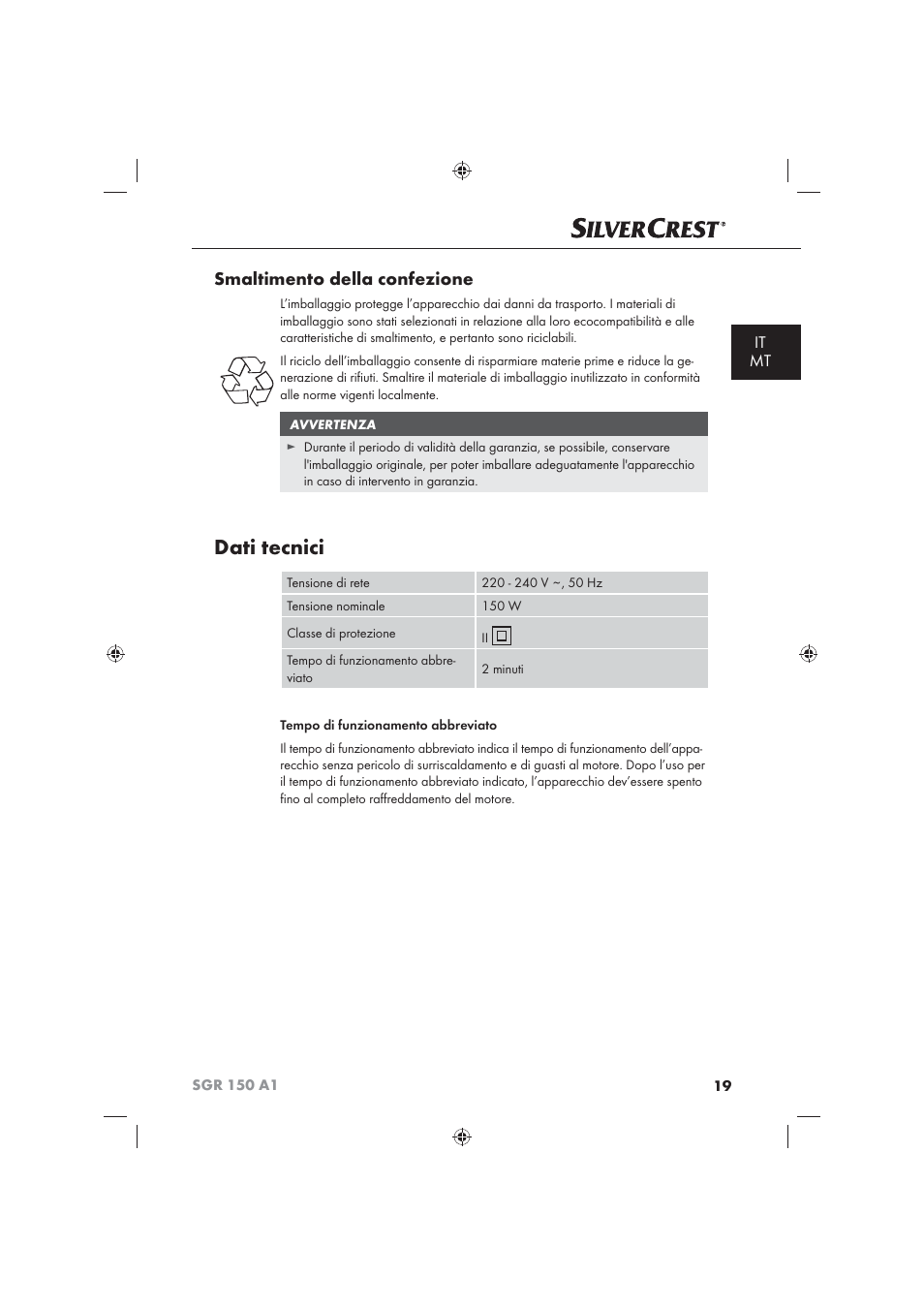 Dati tecnici, Smaltimento della confezione, It mt | Silvercrest SGR 150 A1 User Manual | Page 21 / 73