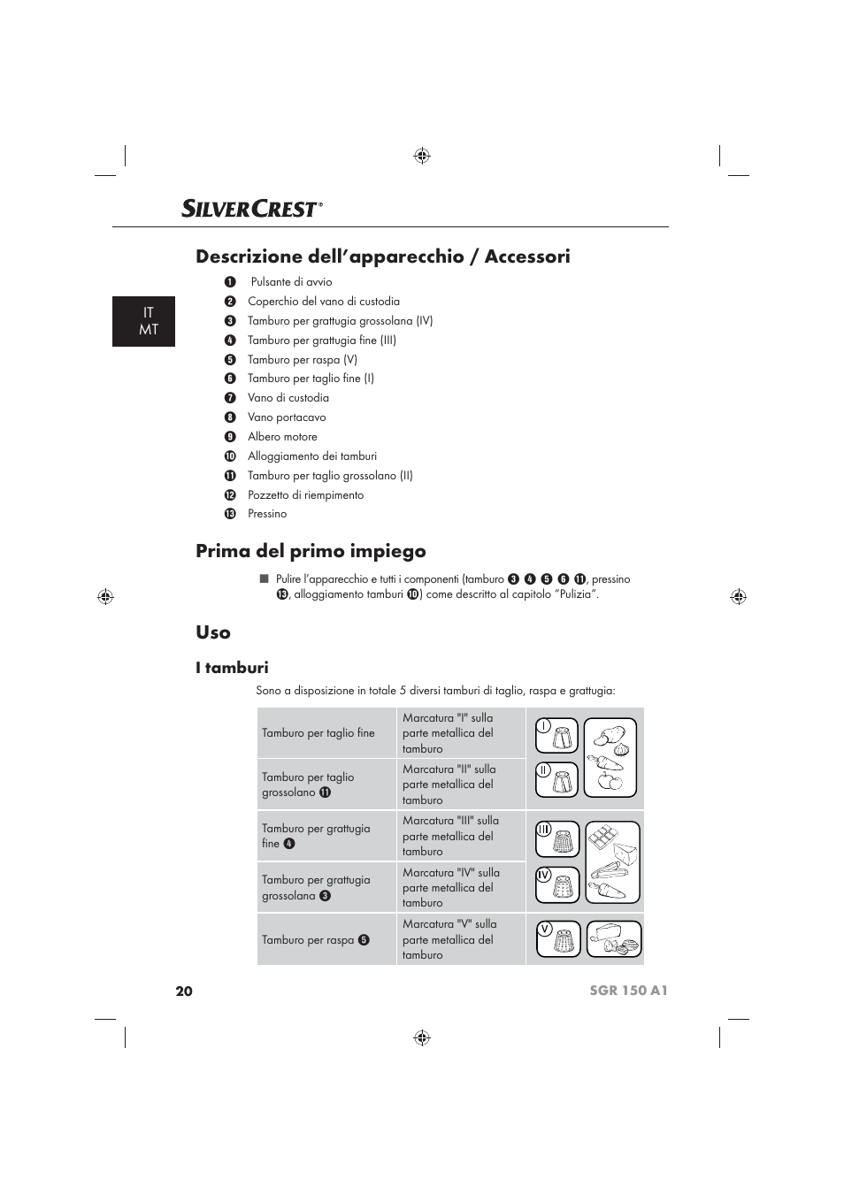 Descrizione dell’apparecchio / accessori, Prima del primo impiego, I tamburi | It mt | Silvercrest SGR 150 A1 User Manual | Page 22 / 73