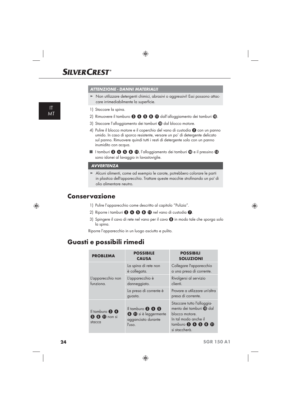 Conservazione, Guasti e possibili rimedi, It mt | Silvercrest SGR 150 A1 User Manual | Page 26 / 73