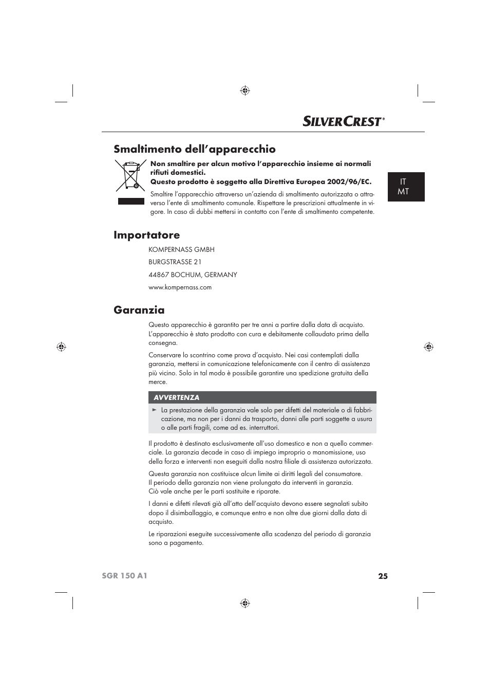 Smaltimento dell’apparecchio, Importatore, Garanzia | It mt | Silvercrest SGR 150 A1 User Manual | Page 27 / 73
