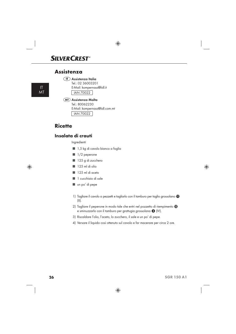 Assistenza, Ricette, Insalata di crauti | It mt | Silvercrest SGR 150 A1 User Manual | Page 28 / 73