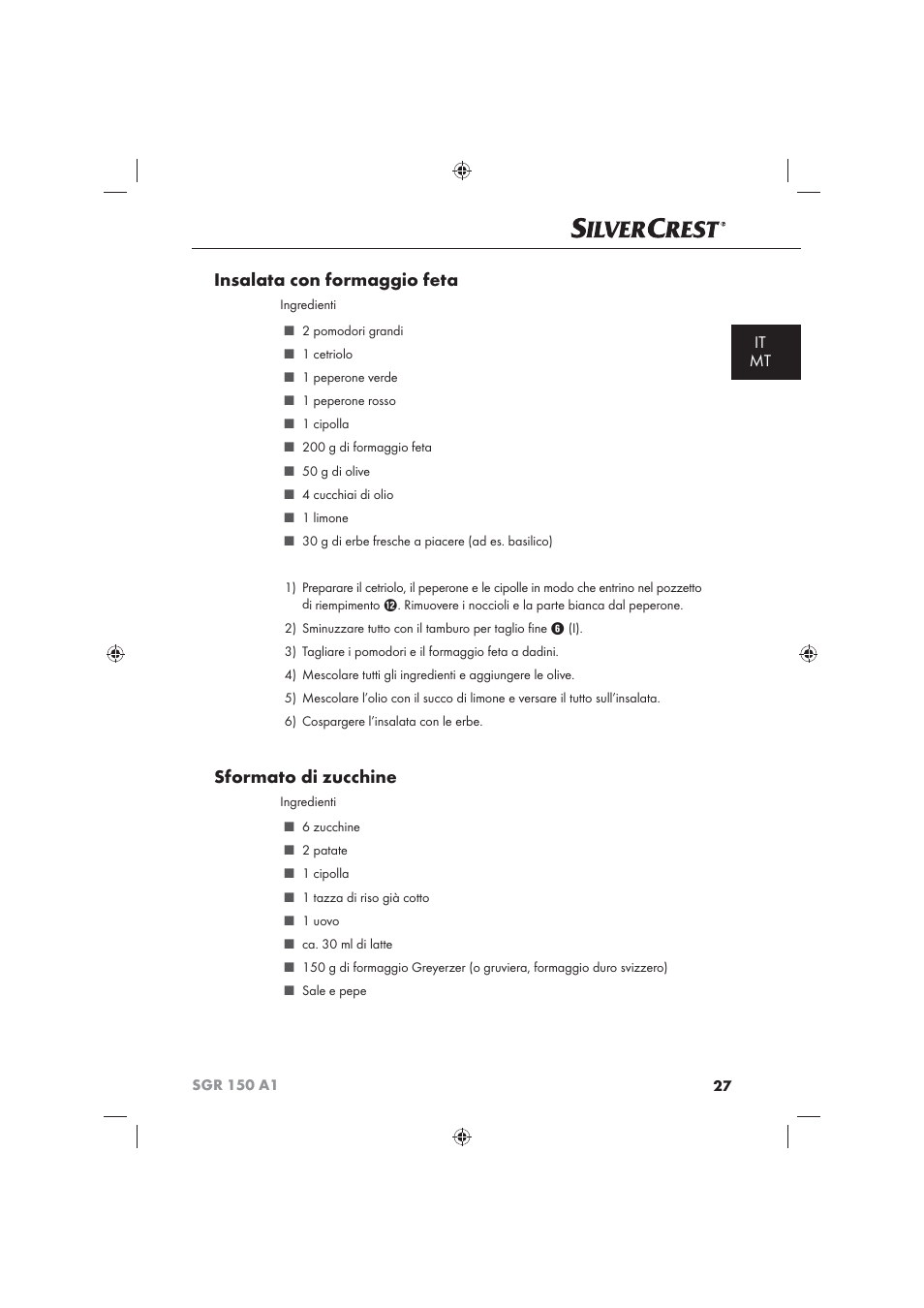 Insalata con formaggio feta, Sformato di zucchine, It mt | Silvercrest SGR 150 A1 User Manual | Page 29 / 73