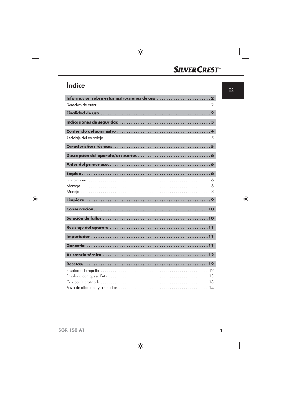 Índice | Silvercrest SGR 150 A1 User Manual | Page 3 / 73