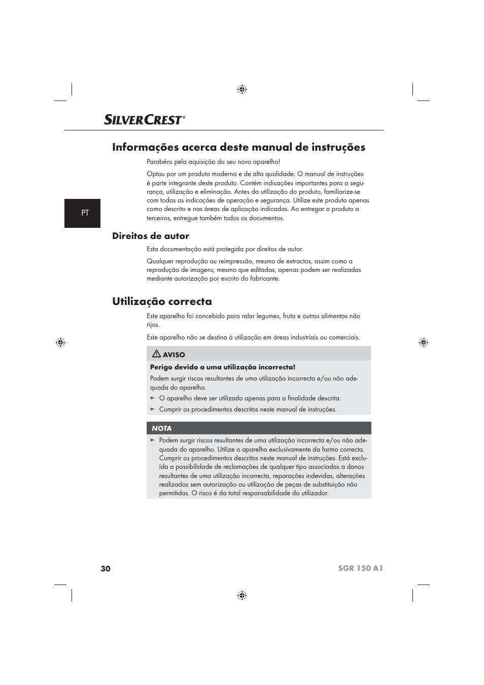 Informações acerca deste manual de instruções, Utilização correcta, Direitos de autor | Silvercrest SGR 150 A1 User Manual | Page 32 / 73