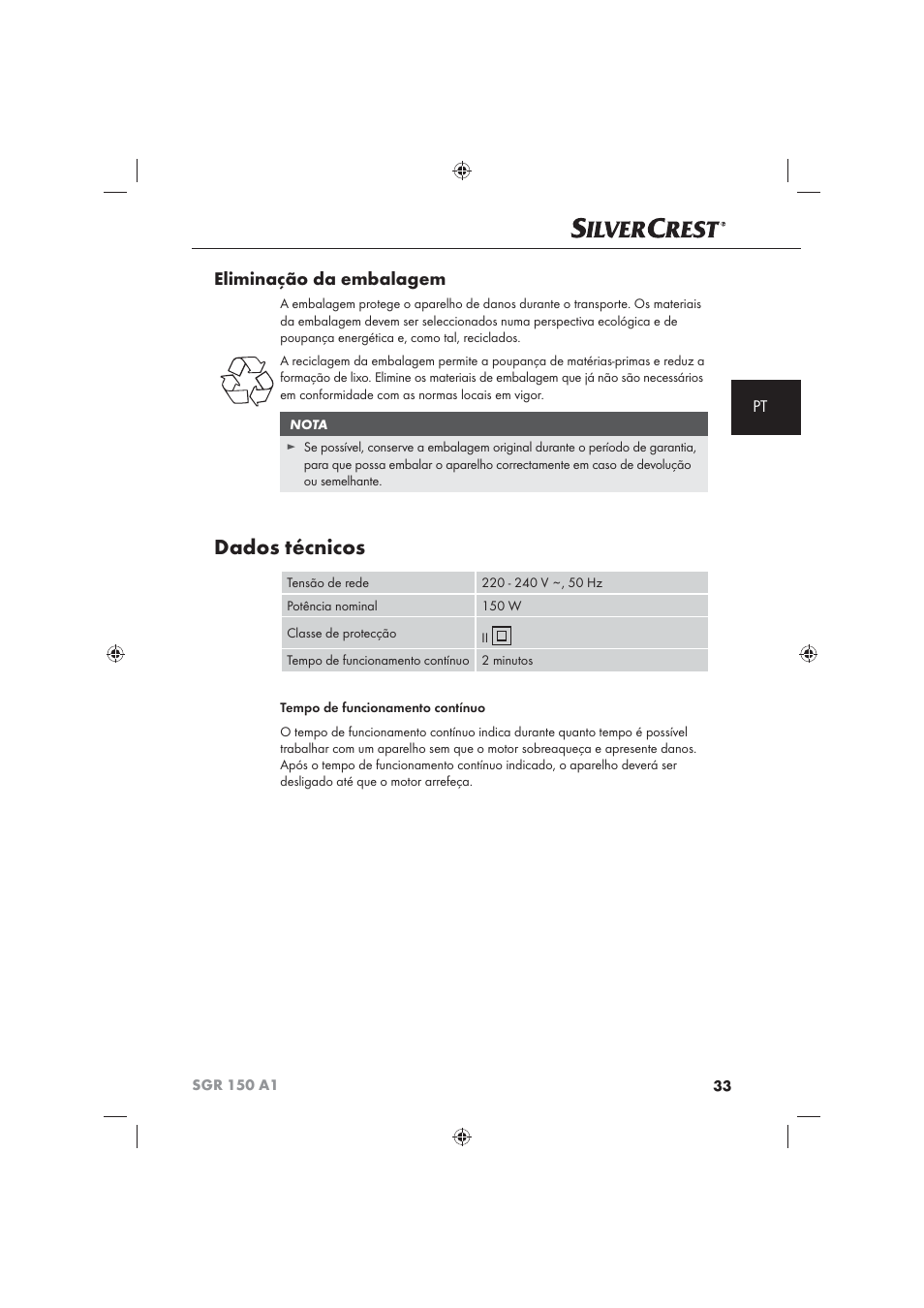 Dados técnicos, Eliminação da embalagem | Silvercrest SGR 150 A1 User Manual | Page 35 / 73