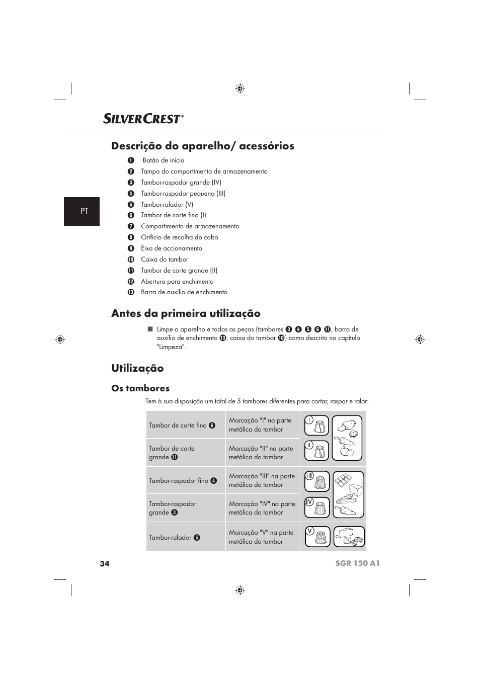 Descrição do aparelho/ acessórios, Antes da primeira utilização, Utilização | Os tambores | Silvercrest SGR 150 A1 User Manual | Page 36 / 73