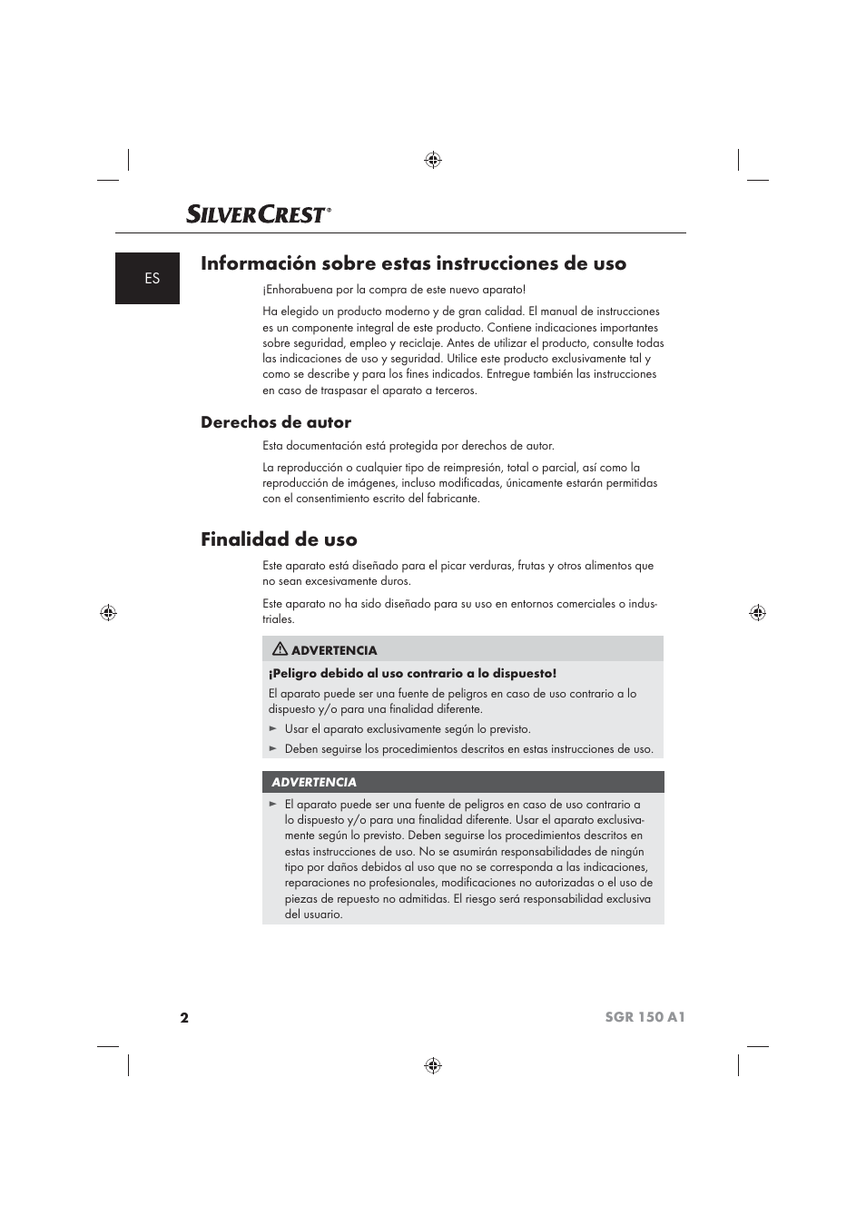 Información sobre estas instrucciones de uso, Finalidad de uso, Derechos de autor | Silvercrest SGR 150 A1 User Manual | Page 4 / 73