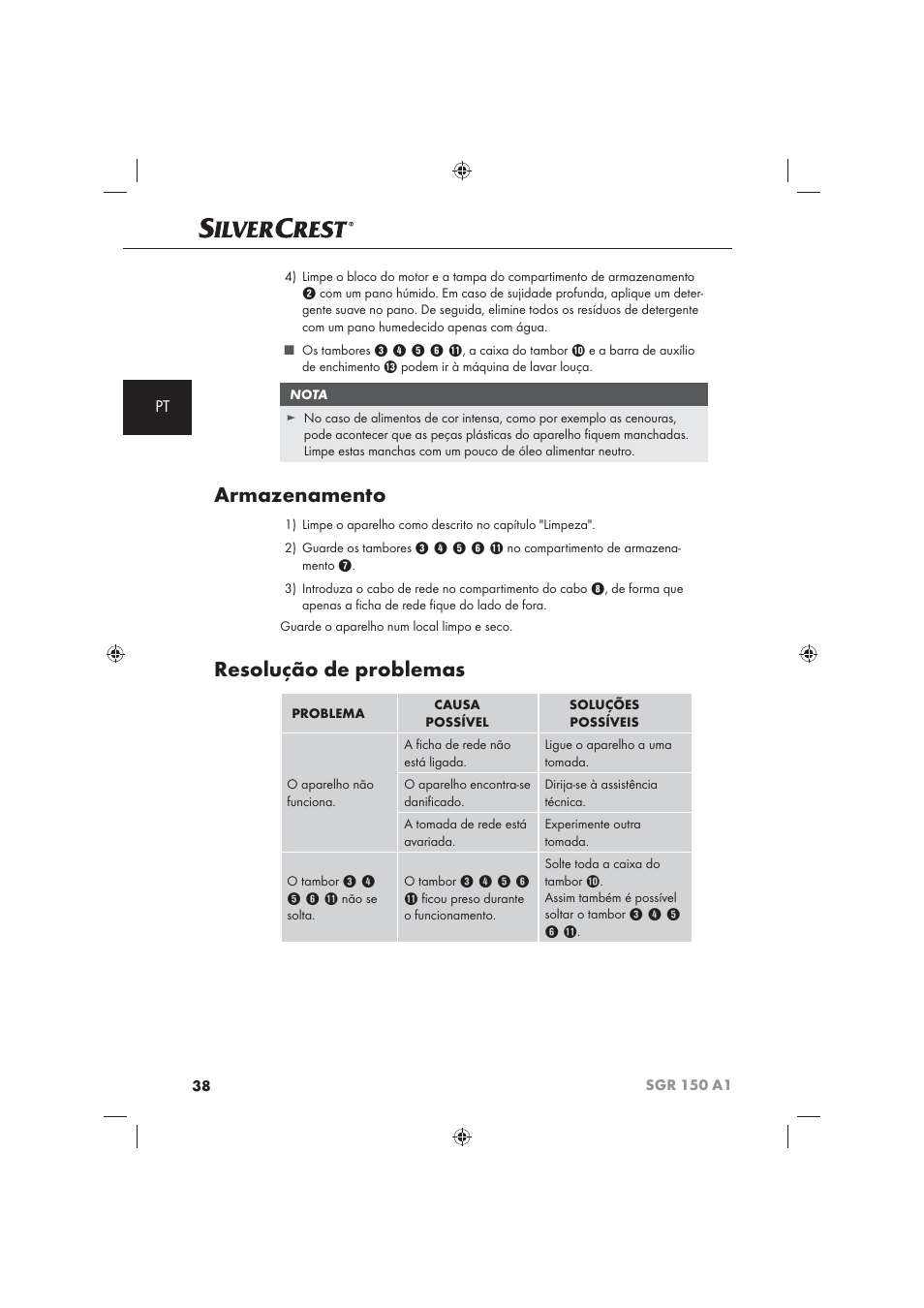 Armazenamento, Resolução de problemas | Silvercrest SGR 150 A1 User Manual | Page 40 / 73