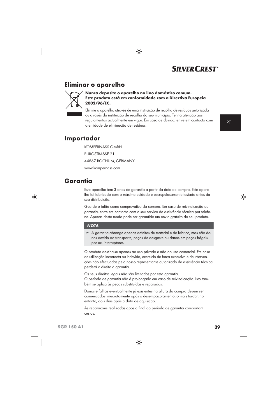 Eliminar o aparelho, Importador, Garantia | Silvercrest SGR 150 A1 User Manual | Page 41 / 73