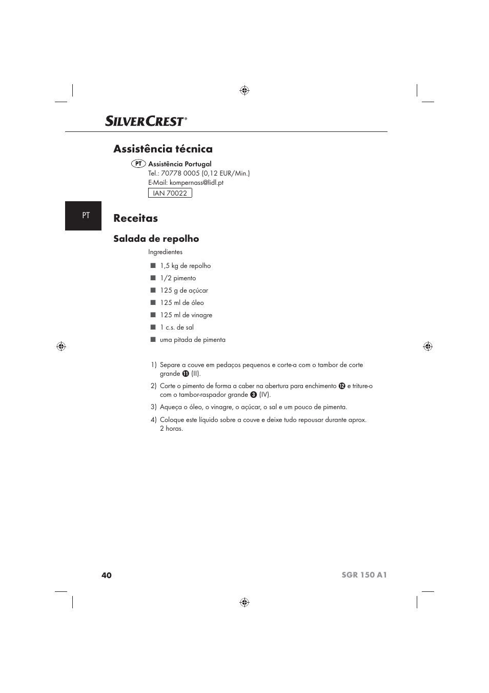 Assistência técnica, Receitas, Salada de repolho | Silvercrest SGR 150 A1 User Manual | Page 42 / 73