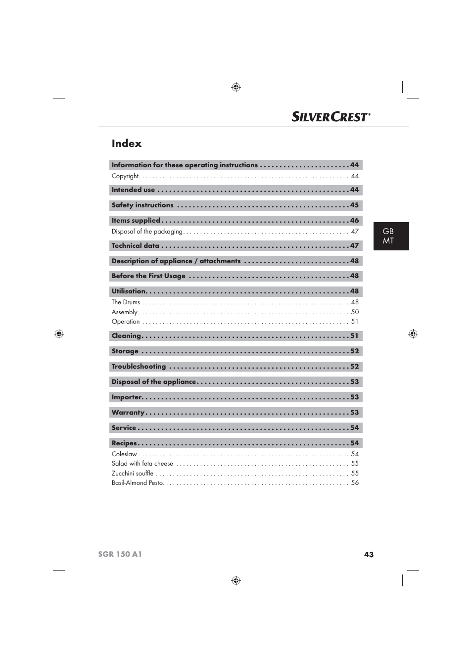 Index, Gb mt | Silvercrest SGR 150 A1 User Manual | Page 45 / 73