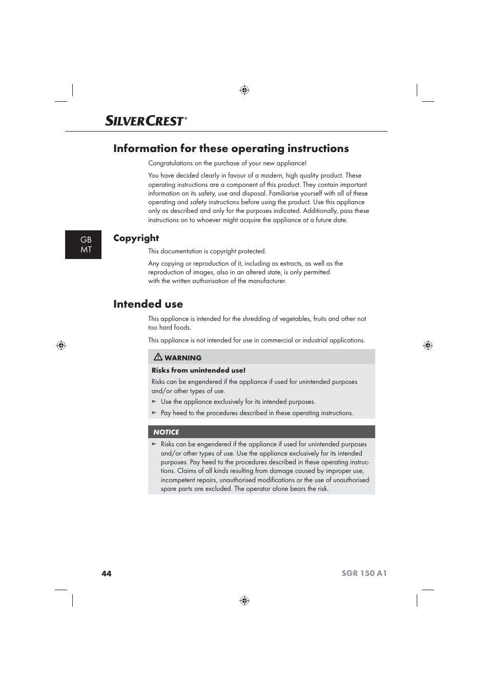 Information for these operating instructions, Intended use, Copyright | Gb mt | Silvercrest SGR 150 A1 User Manual | Page 46 / 73