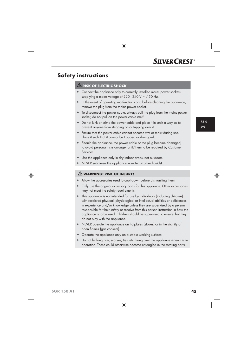 Safety instructions, Gb mt | Silvercrest SGR 150 A1 User Manual | Page 47 / 73