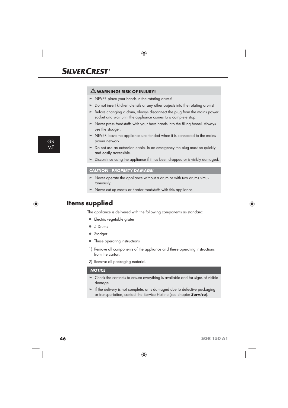 Items supplied, Gb mt | Silvercrest SGR 150 A1 User Manual | Page 48 / 73
