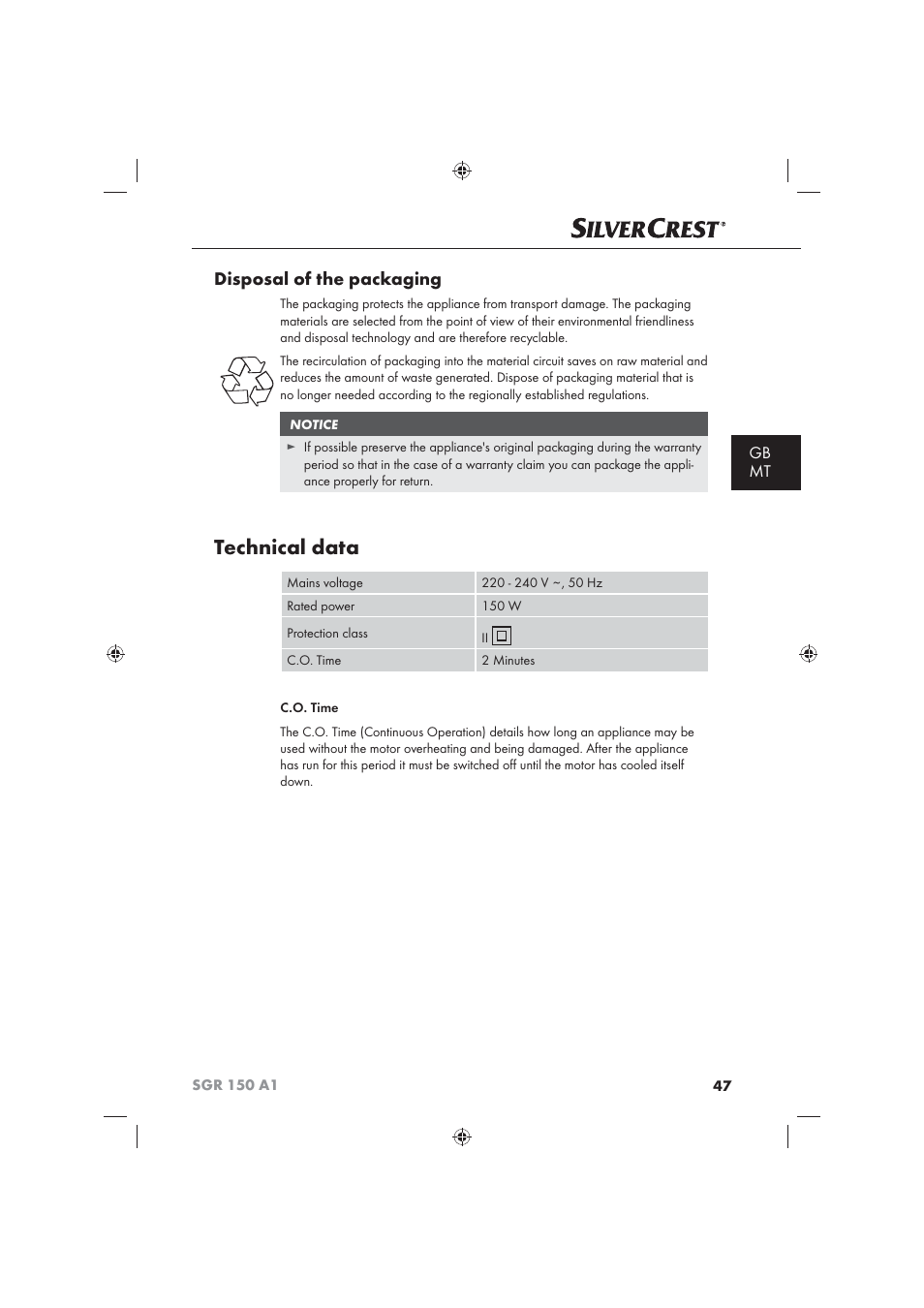 Technical data, Disposal of the packaging, Gb mt | Silvercrest SGR 150 A1 User Manual | Page 49 / 73