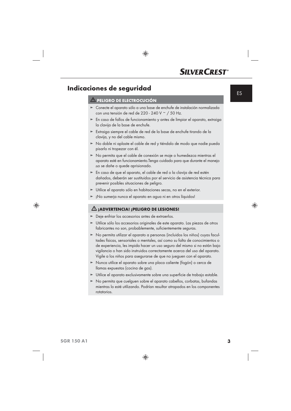 Indicaciones de seguridad | Silvercrest SGR 150 A1 User Manual | Page 5 / 73