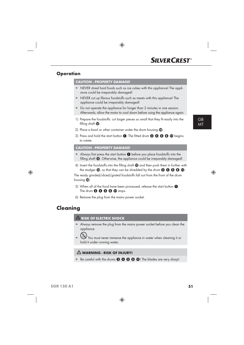 Cleaning, Operation, Gb mt | Silvercrest SGR 150 A1 User Manual | Page 53 / 73