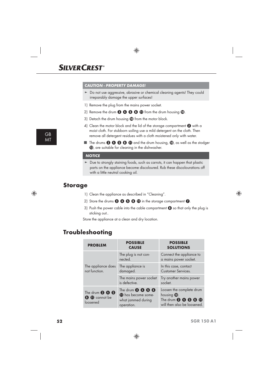 Storage, Troubleshooting, Gb mt | Silvercrest SGR 150 A1 User Manual | Page 54 / 73