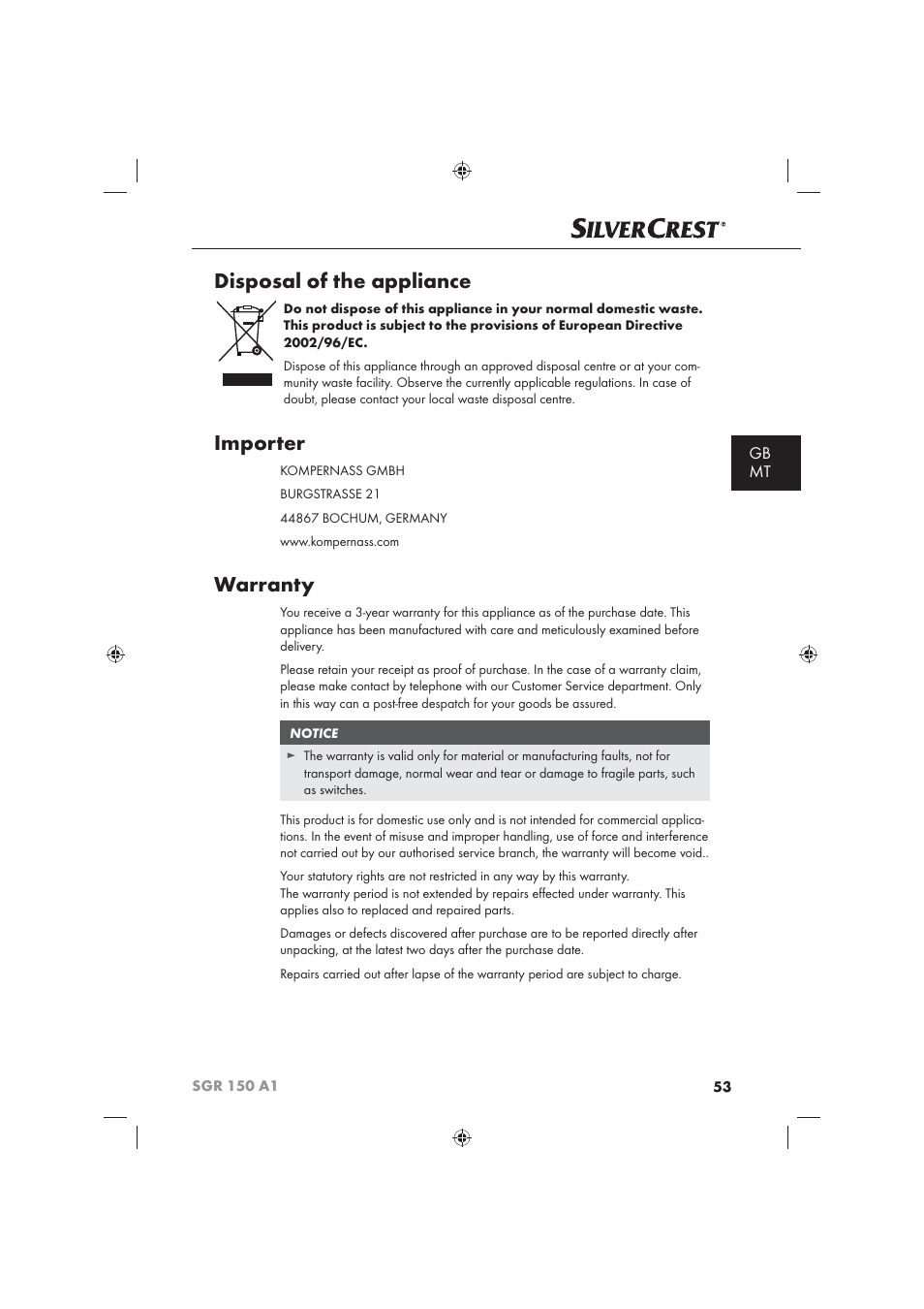 Disposal of the appliance, Importer, Warranty | Gb mt | Silvercrest SGR 150 A1 User Manual | Page 55 / 73