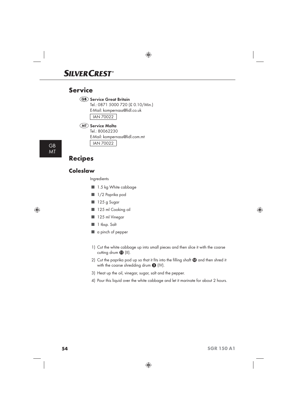 Service, Recipes, Coleslaw | Gb mt | Silvercrest SGR 150 A1 User Manual | Page 56 / 73