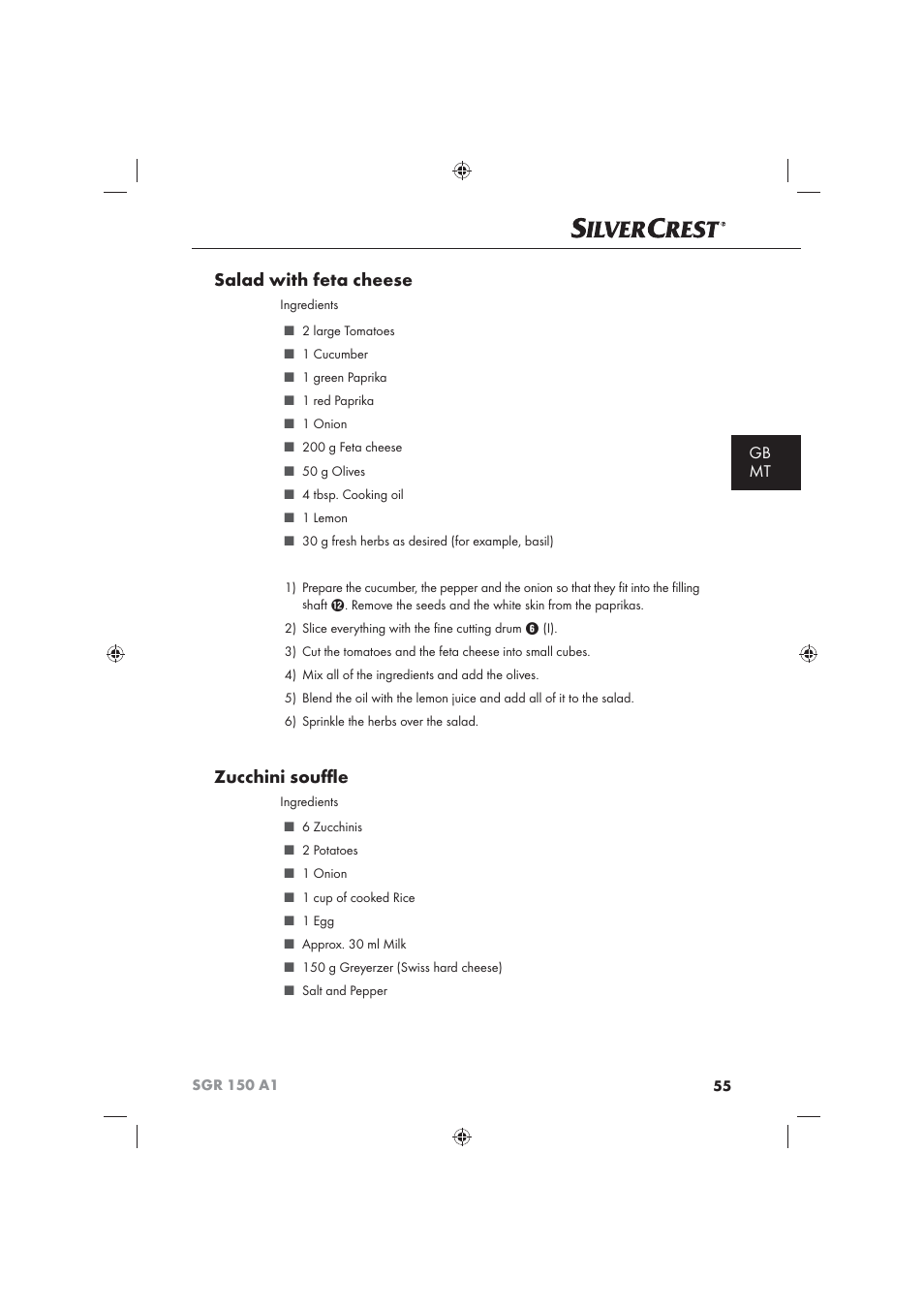 Salad with feta cheese, Zucchini souﬄ e, Gb mt | Silvercrest SGR 150 A1 User Manual | Page 57 / 73