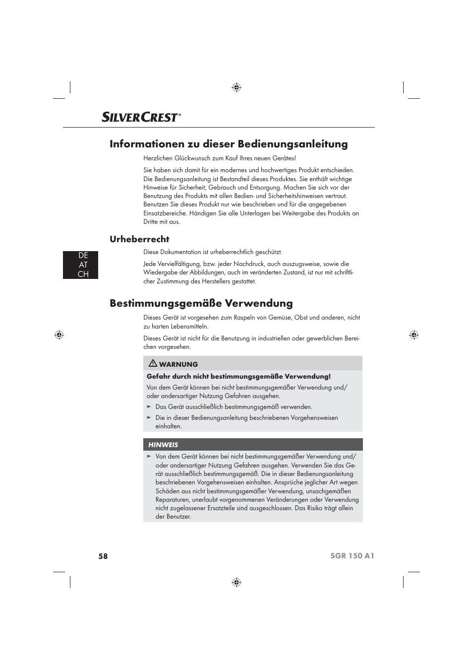 Informationen zu dieser bedienungsanleitung, Bestimmungsgemäße verwendung, Urheberrecht | De at ch | Silvercrest SGR 150 A1 User Manual | Page 60 / 73