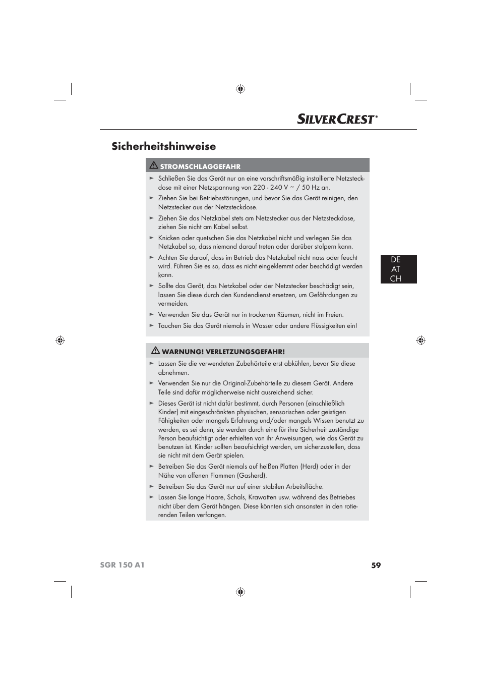 Sicherheitshinweise, De at ch | Silvercrest SGR 150 A1 User Manual | Page 61 / 73