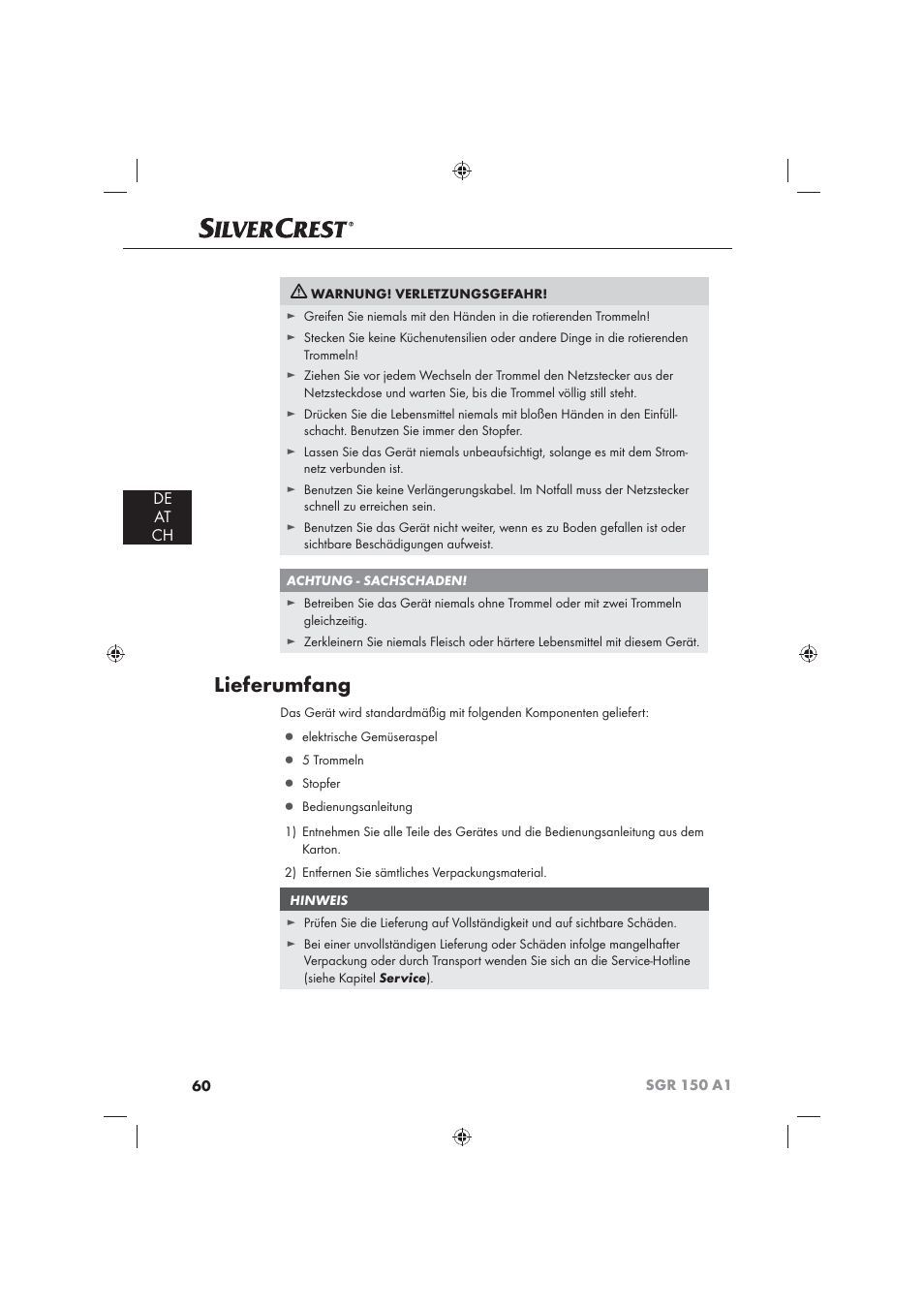 Lieferumfang, De at ch | Silvercrest SGR 150 A1 User Manual | Page 62 / 73