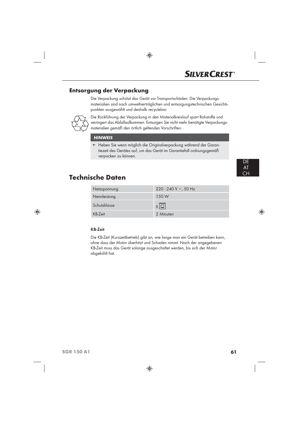 Technische daten, Entsorgung der verpackung, De at ch | Silvercrest SGR 150 A1 User Manual | Page 63 / 73