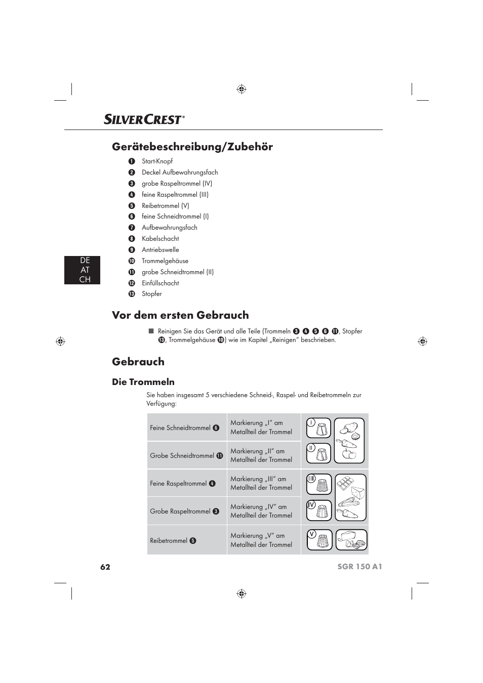 Gerätebeschreibung/zubehör, Vor dem ersten gebrauch, Gebrauch | Die trommeln, De at ch | Silvercrest SGR 150 A1 User Manual | Page 64 / 73