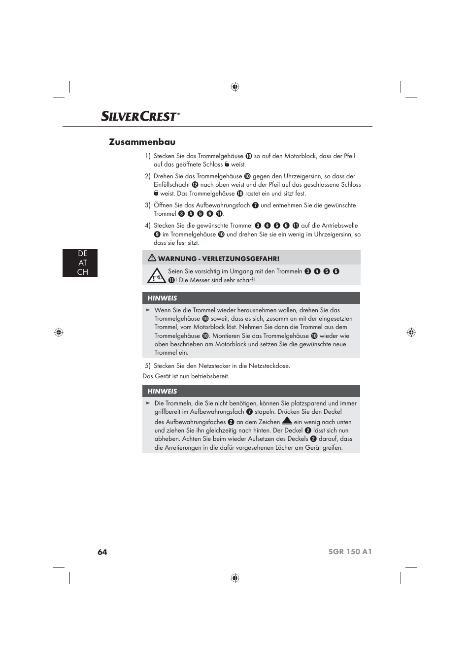 Zusammenbau, De at ch | Silvercrest SGR 150 A1 User Manual | Page 66 / 73