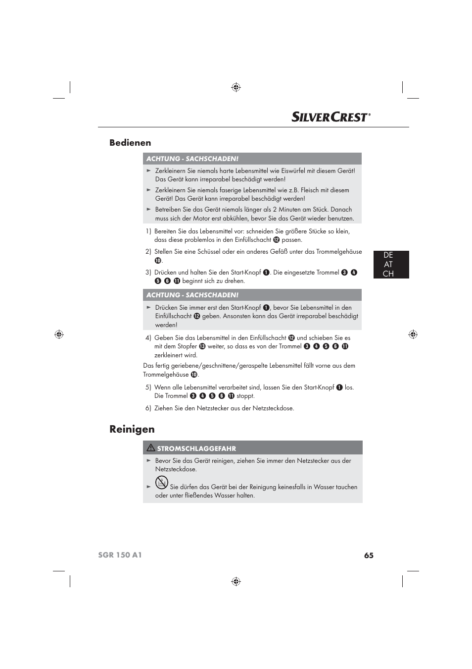 Reinigen, Bedienen, De at ch | Silvercrest SGR 150 A1 User Manual | Page 67 / 73