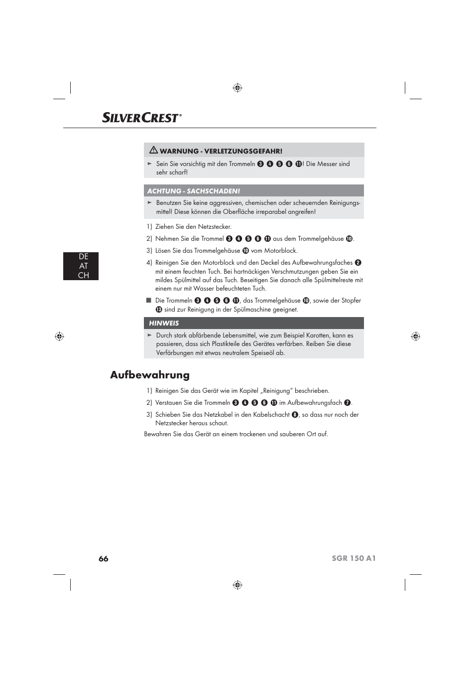 Aufbewahrung, De at ch | Silvercrest SGR 150 A1 User Manual | Page 68 / 73