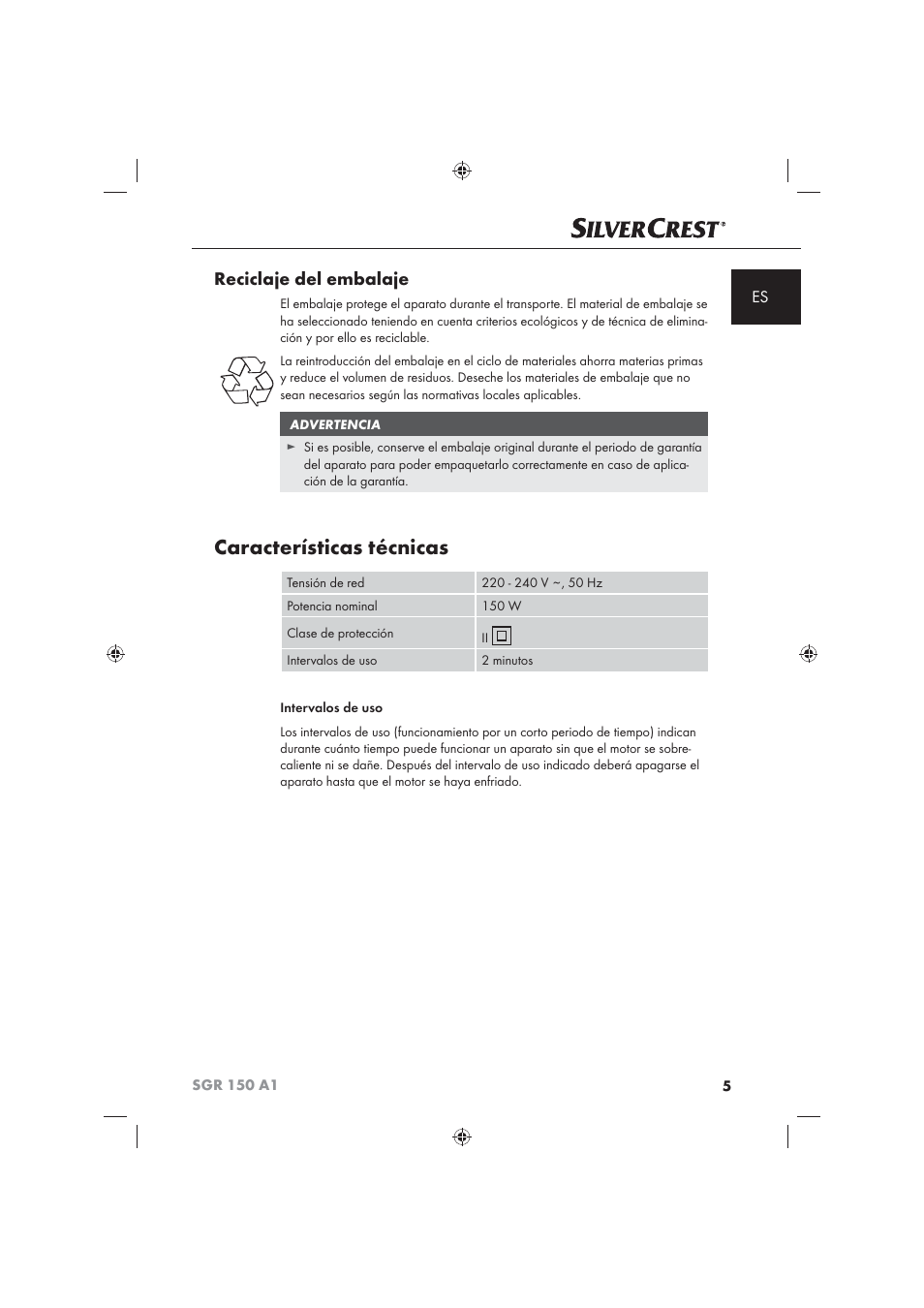 Características técnicas, Reciclaje del embalaje | Silvercrest SGR 150 A1 User Manual | Page 7 / 73