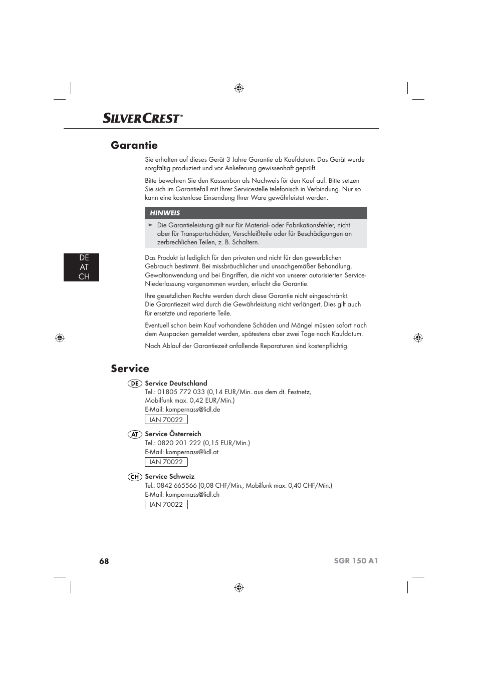 Garantie, Service, De at ch | Silvercrest SGR 150 A1 User Manual | Page 70 / 73