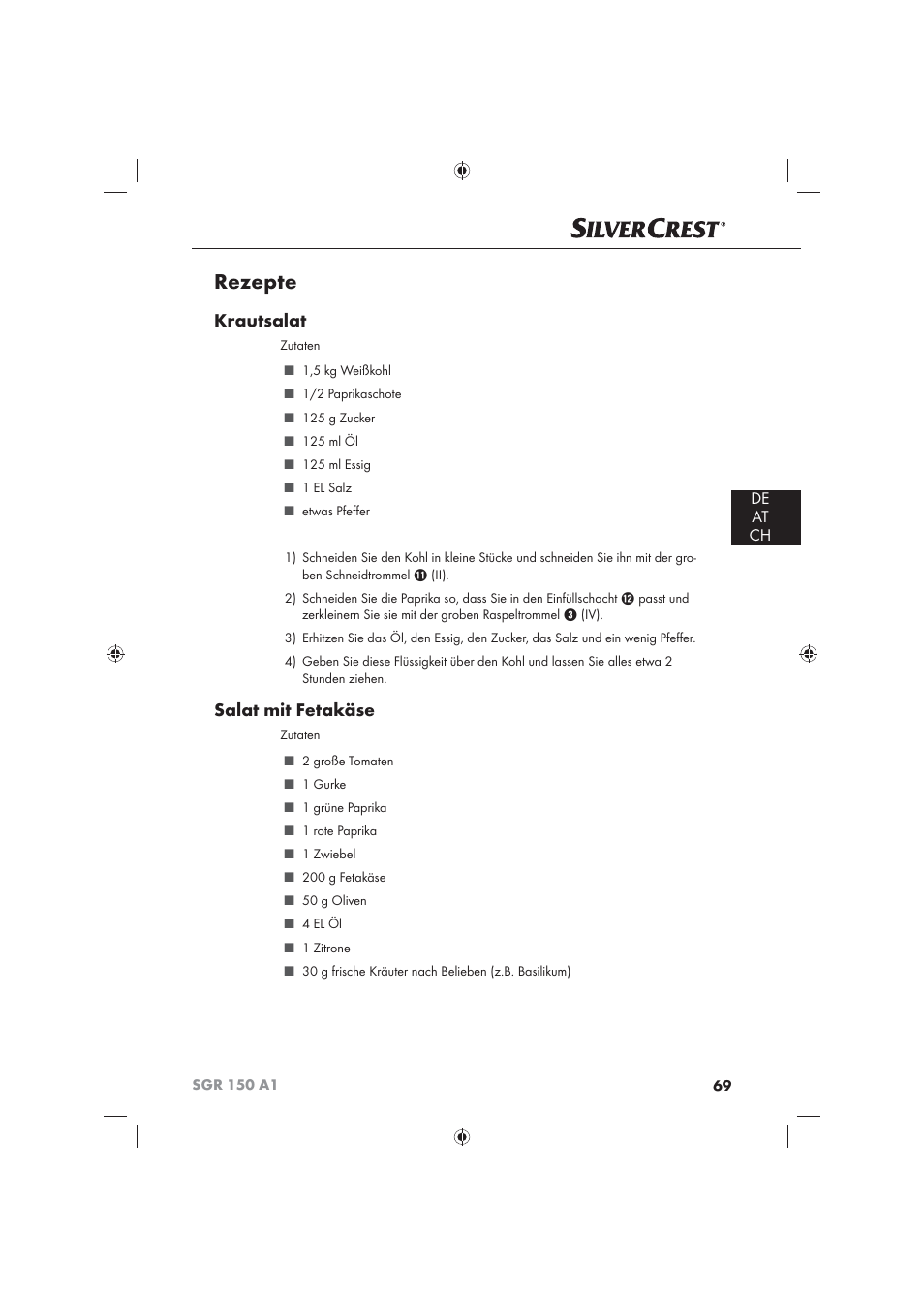 Rezepte, Krautsalat, Salat mit fetakäse | De at ch | Silvercrest SGR 150 A1 User Manual | Page 71 / 73