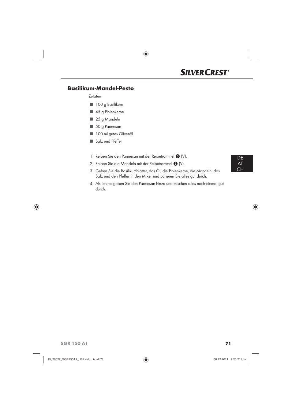 Basilikum-mandel-pesto, De at ch | Silvercrest SGR 150 A1 User Manual | Page 73 / 73