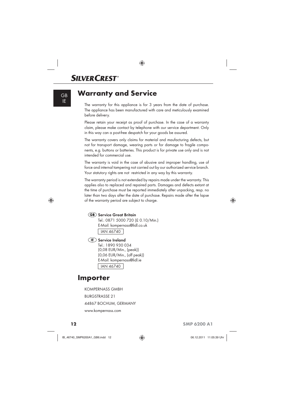 Warranty and service, Importer, Gb ie | Silvercrest SMP 6200 A1 User Manual | Page 14 / 14
