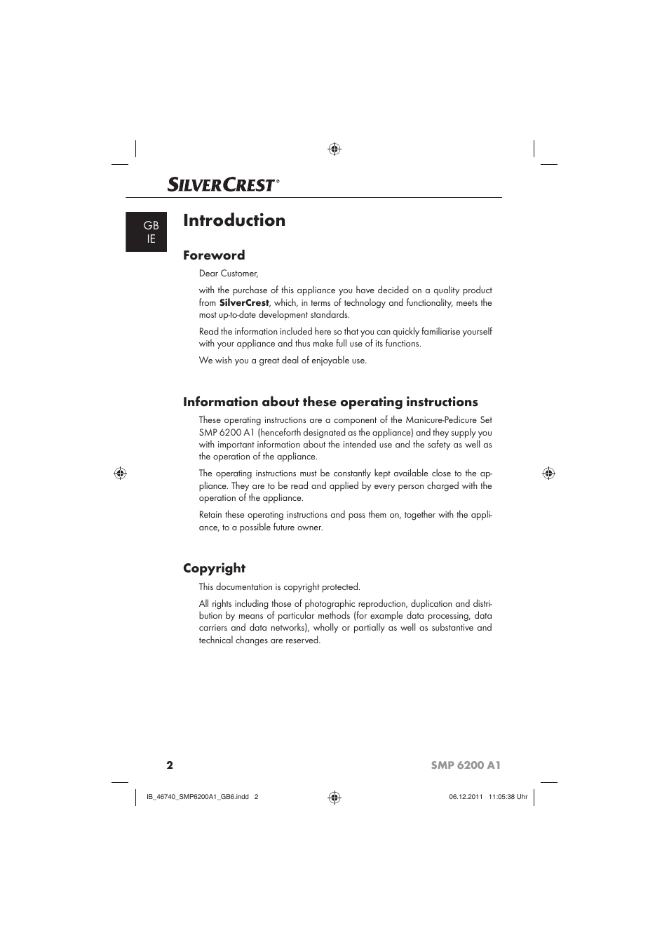 Introduction, Foreword, Information about these operating instructions | Copyright, Gb ie | Silvercrest SMP 6200 A1 User Manual | Page 4 / 14