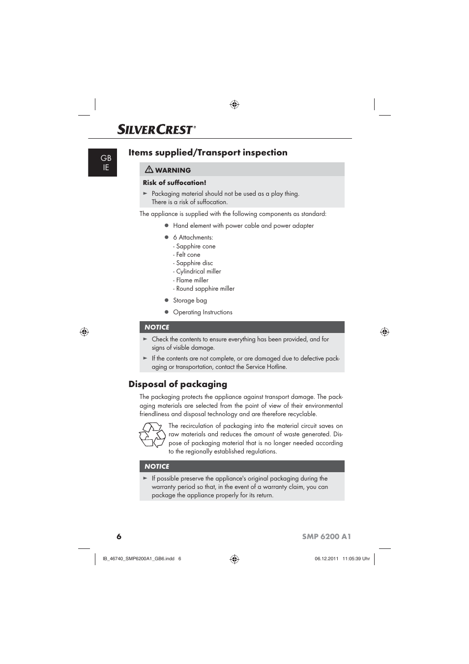 Items supplied/transport inspection, Disposal of packaging, Gb ie | Silvercrest SMP 6200 A1 User Manual | Page 8 / 14