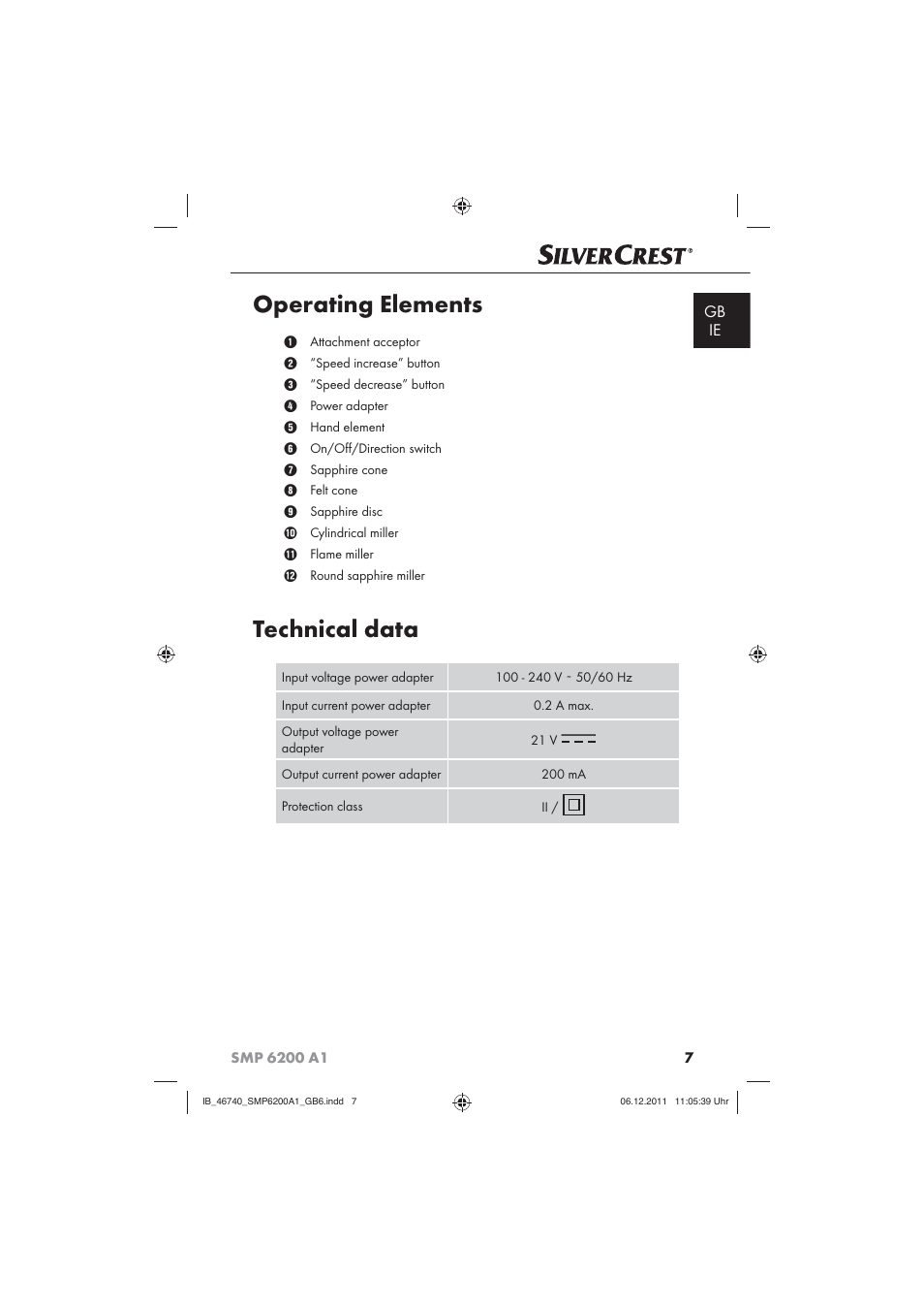 Operating elements, Technical data, Gb ie | Silvercrest SMP 6200 A1 User Manual | Page 9 / 14