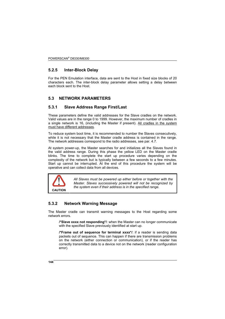 5 inter-block delay, 3 network parameters, 1 slave address range first/last | 2 network warning message, Inter-block delay, Network parameters, Slave address range first/last, Network warning message | Datalogic Scanning POWERSCAN D8330 User Manual | Page 152 / 212