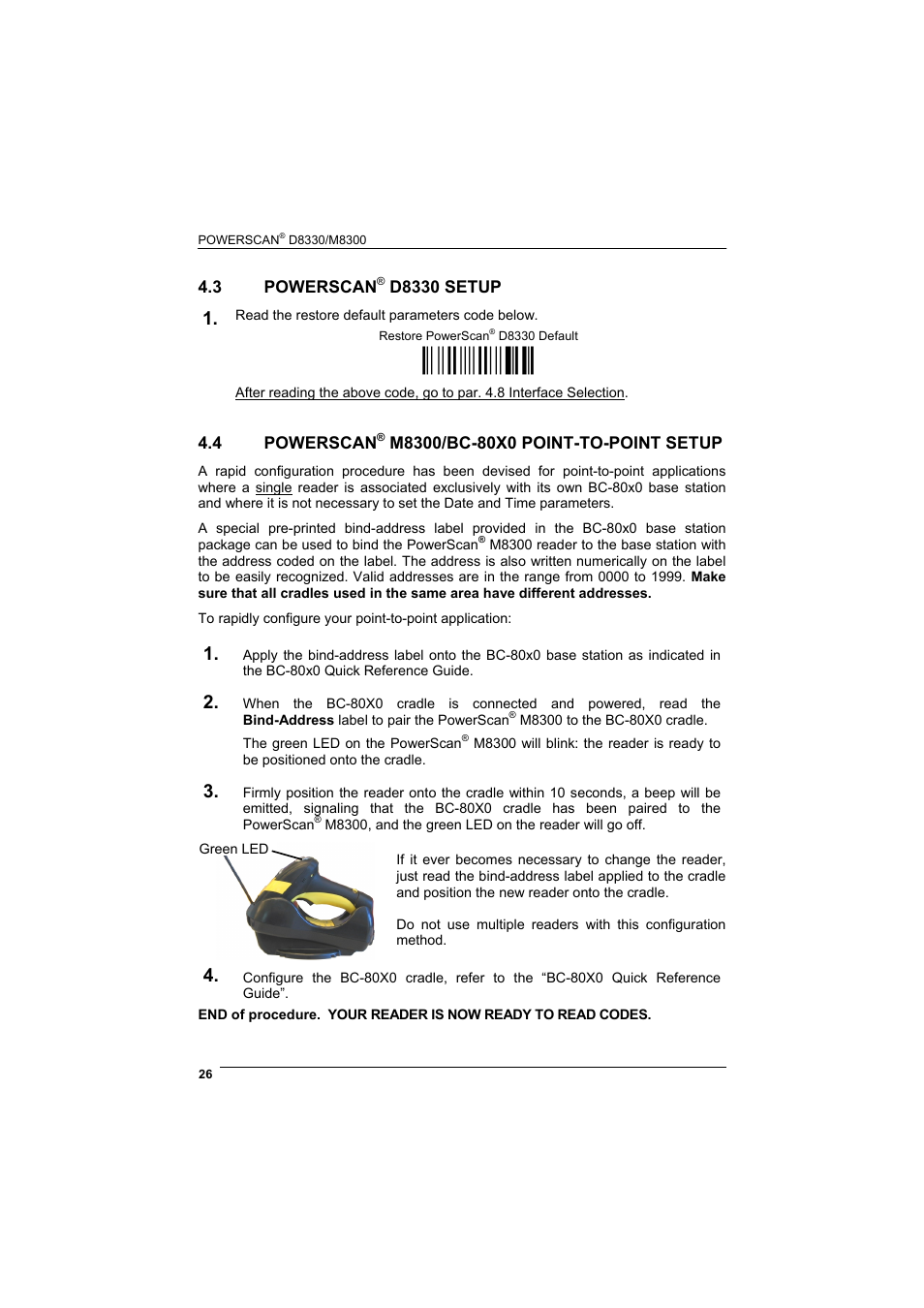 3 powerscan® d8330 setup, 4 powerscan® m8300/bc-80x0 point-to-point setup, Powerscan | D8330 setup, M8300/bc-80x0 point-to-point setup, 3, an, Ì$+$*oî, 3 powerscan, 4 powerscan | Datalogic Scanning POWERSCAN D8330 User Manual | Page 34 / 212