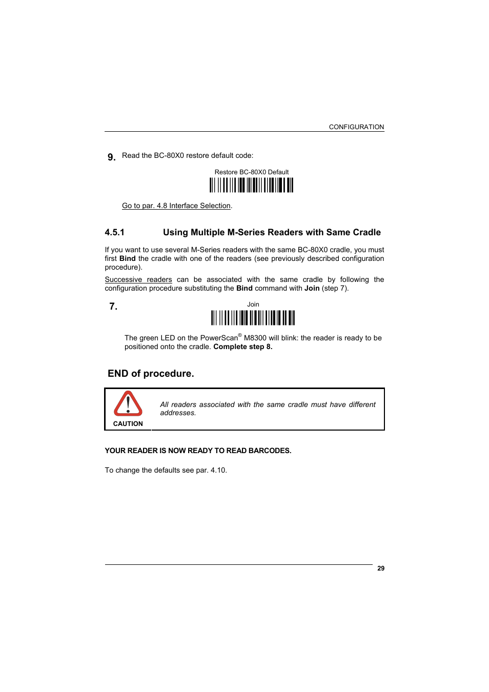 1 using multiple m-series readers with same cradle, Using multiple m-series readers with same cradle, Ì$+rx0$-qî | Ì$+rn1$-nî, End of procedure | Datalogic Scanning POWERSCAN D8330 User Manual | Page 37 / 212