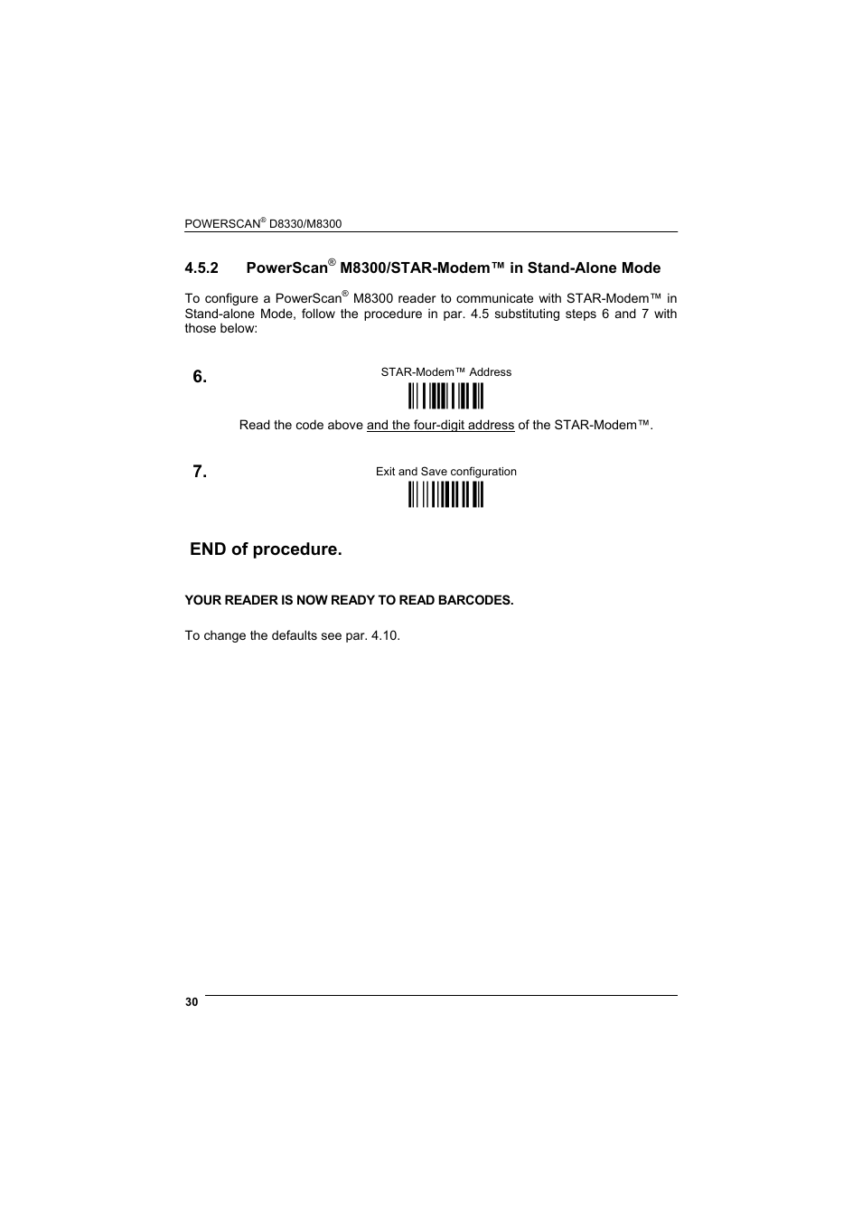 2 powerscan® m8300/star-modem™ in stand-alone mode, Powerscan, M8300/star-modem™ in stand-alone mode | Ìrsrî, М$-?о, End of procedure | Datalogic Scanning POWERSCAN D8330 User Manual | Page 38 / 212