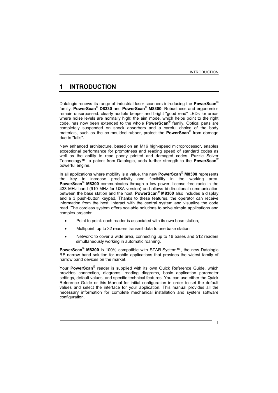 1 introduction, Introduction | Datalogic Scanning POWERSCAN D8330 User Manual | Page 9 / 212