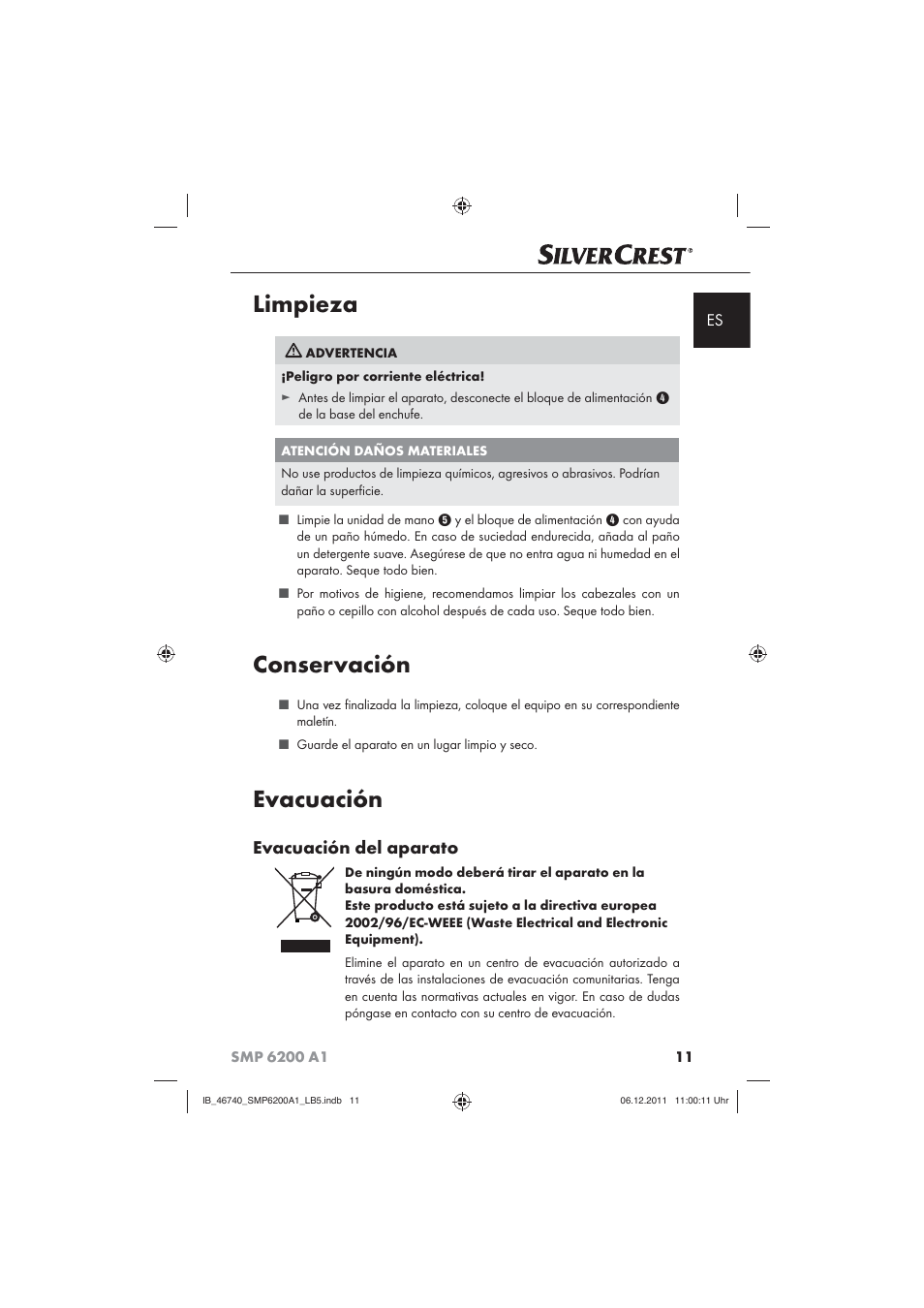 Limpieza, Conservación, Evacuación | Evacuación del aparato | Silvercrest SMP 6200 A1 User Manual | Page 13 / 62