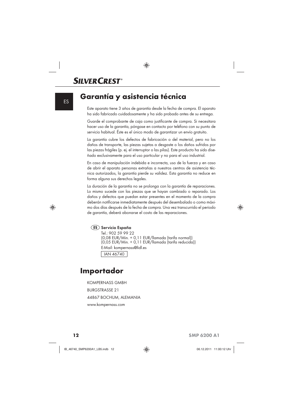 Garantía y asistencia técnica, Importador | Silvercrest SMP 6200 A1 User Manual | Page 14 / 62